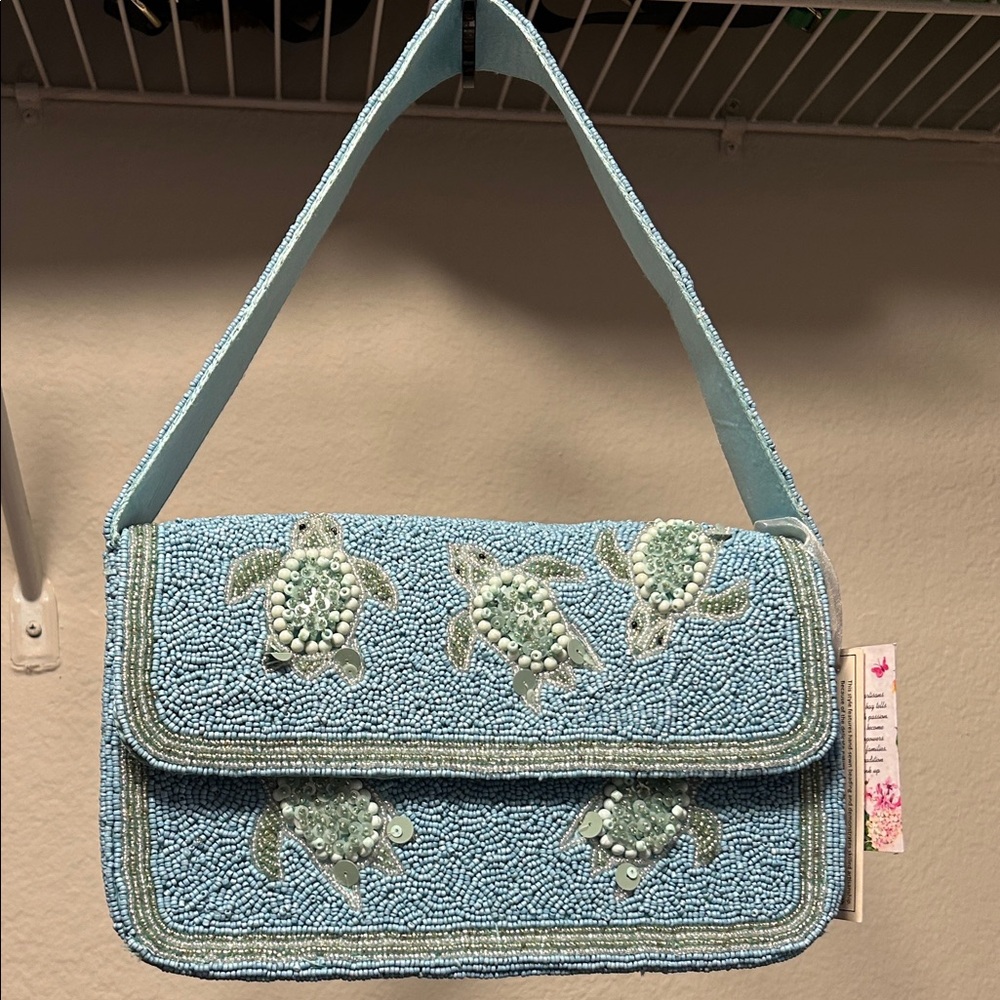 Beaded Sea Turtle Design Blue Handbag